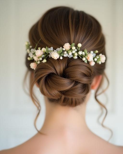 Acconciatura raccolta morbida ed elegante per una sposa, con fiori e accessori.
