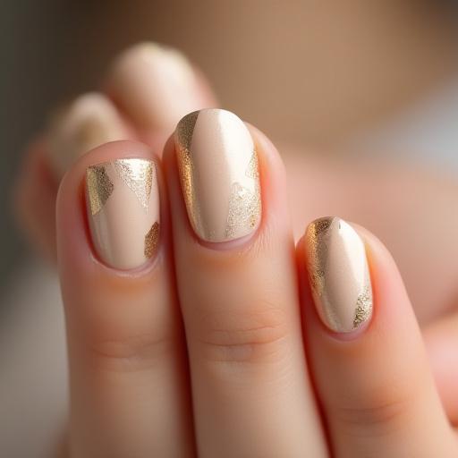Unghie con nail art geometrica e creativa nei toni del beige e oro.