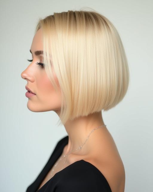 Donna con un elegante caschetto biondo, taglio preciso e luminoso.